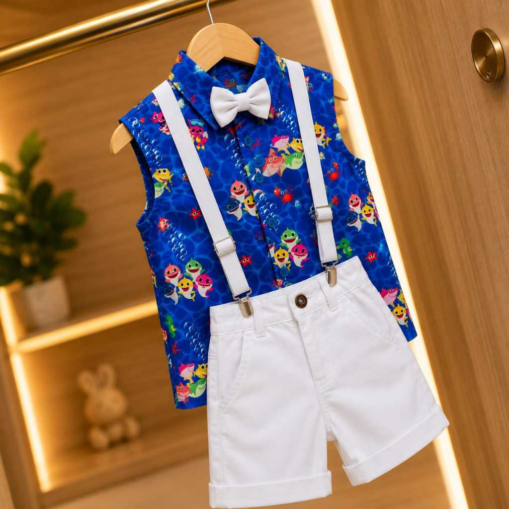 Conjunto Menino Infantil Luxo Temático Baby Shark Regata + Bermuda Branca (dy)