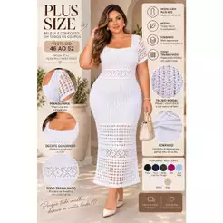 Vestido Midi Plus Size em Modal Tricô Crochê Forrado Manga Curta Elegante 46 ao 52