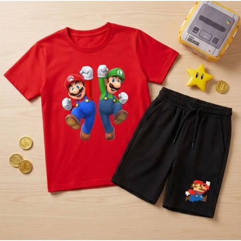 Conjunto infantil Mario Bros Short Moletom Camiseta  100% Algodão Menino Estampada DTF