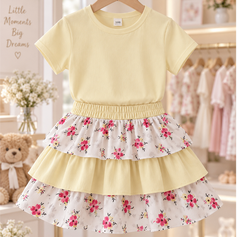 Conjunto Infantil Menina 2 Peças Blusa Algodão Premium Saia Floral com Babados Roupa Feminina Verão Passeio