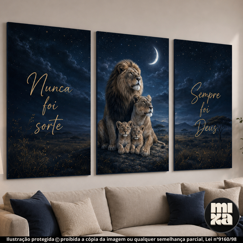 Kit 3 Quadros Decorativos Leão e Família “Nunca Foi Sorte, Sempre Foi Deus” Religioso para quarto e sala