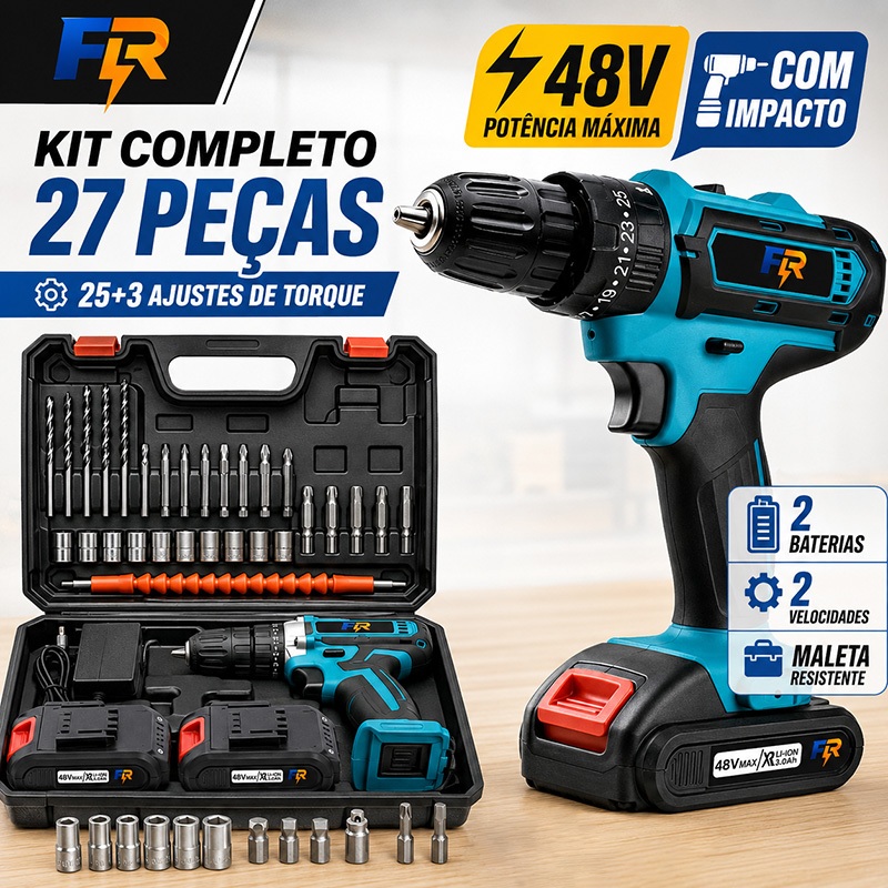 Parafusadeira Furadeira de Impacto Sem Fio 48V Kit Completo 27 Peças