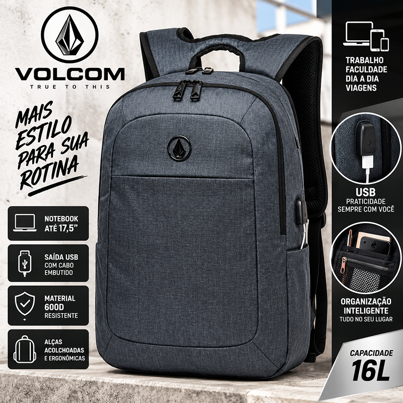 Mochila Volcom Masculina Notebook 17,5 USB Reforçada Trabalho Faculdade