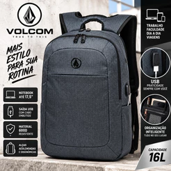 Mochila Volcom Masculina Notebook 17,5 USB Reforçada Trabalho Faculdade