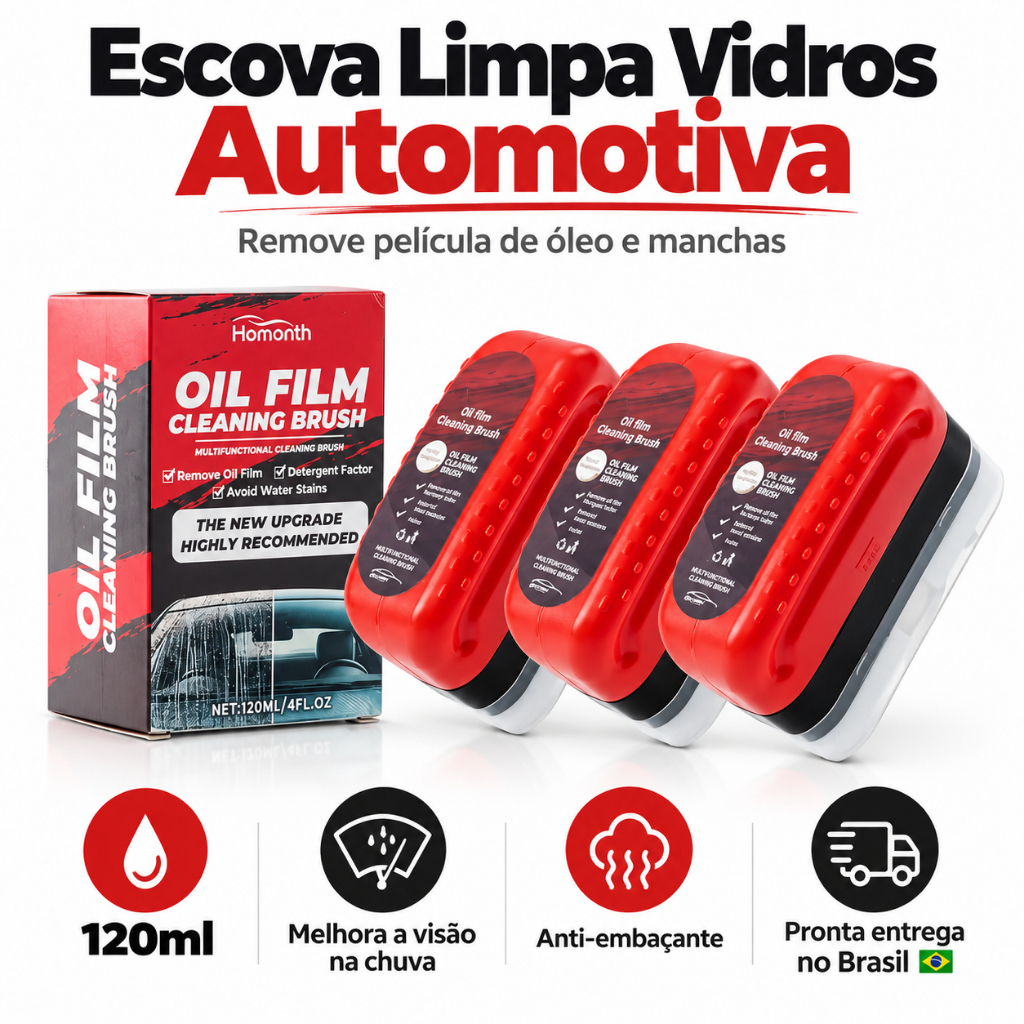 Kit Escova Limpa Vidro Automotivo Tira Óleo e Chuva Ácida 120ml Desengordurante Carro Pronta Entrega