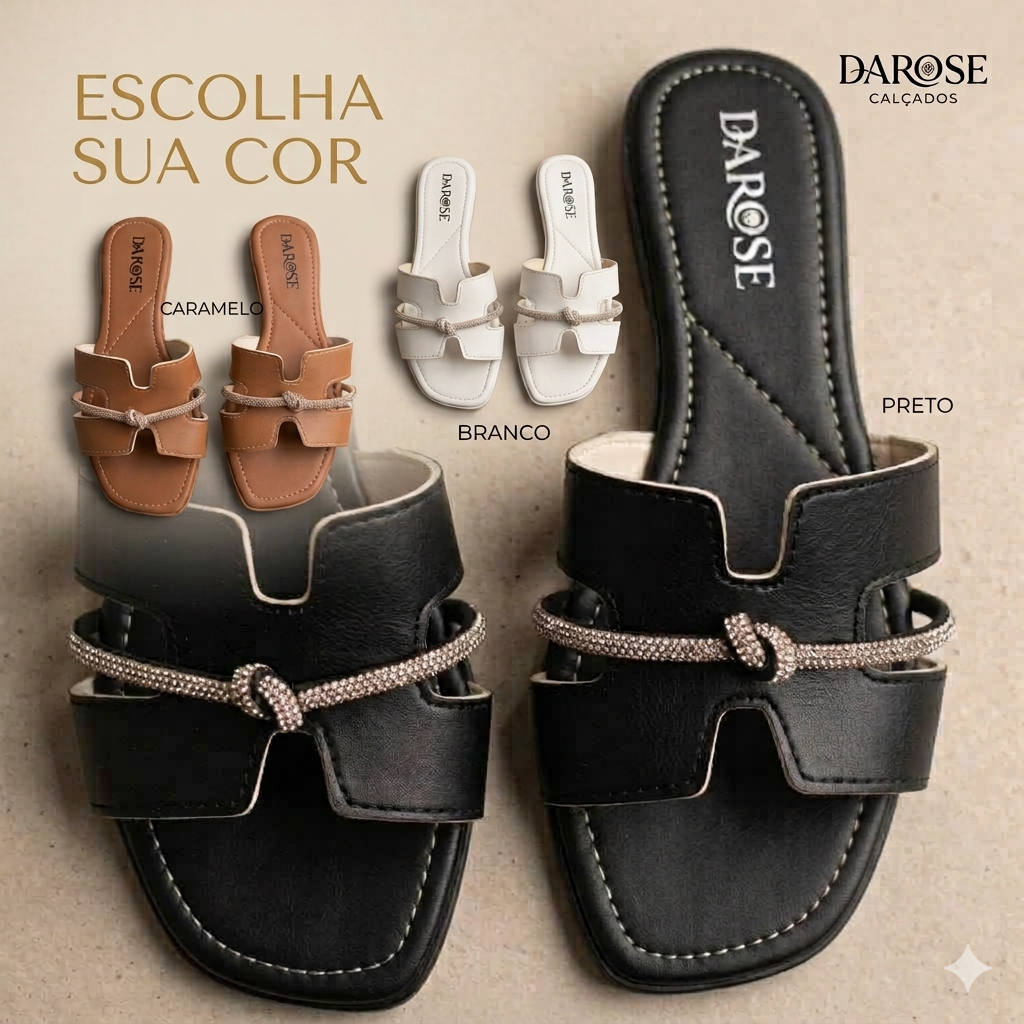 Sandália Feminina Rasteira com Strass e Fivela – Confortável e Elegante – Cores Preto, Branco e Caramelo