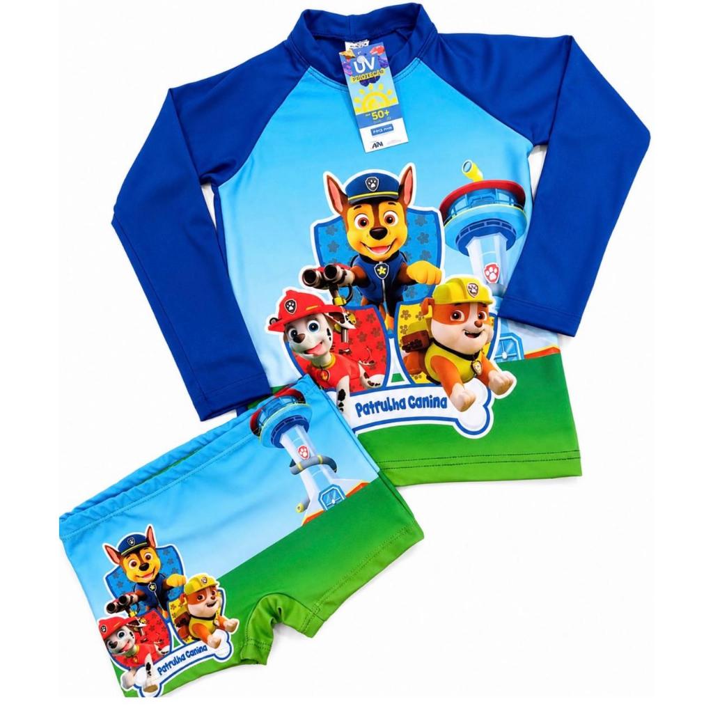 Sunga Infantil + Blusa com Proteção Solar Manga Longa UV50 Menino Roupa de Praia e Piscina Personagens