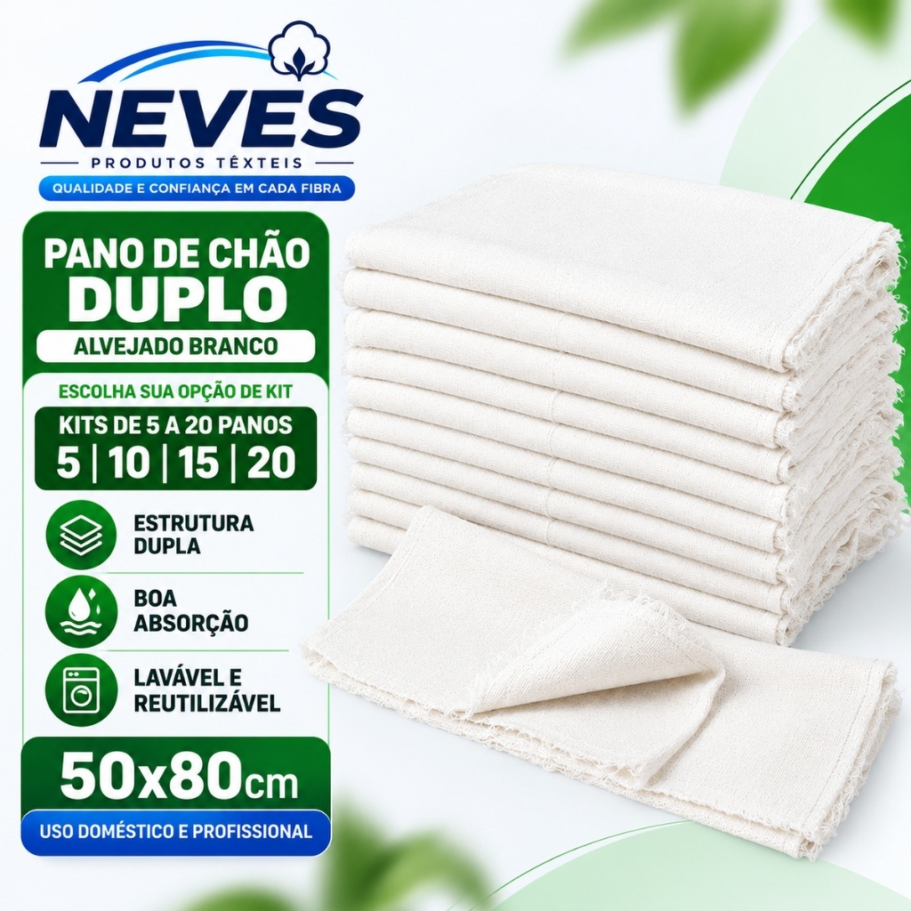 Pano De Chão Gigante Branco 50x80 Cm Encorpado Neves 100% Algodão Duplo 100Gr Saco Duplo Alvejado