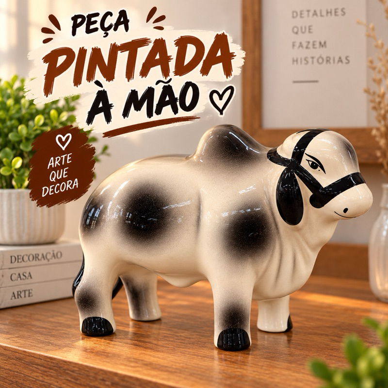 Boi Decorativo Cerâmica Premium Artesanal Esmaltada Fazenda Sítio