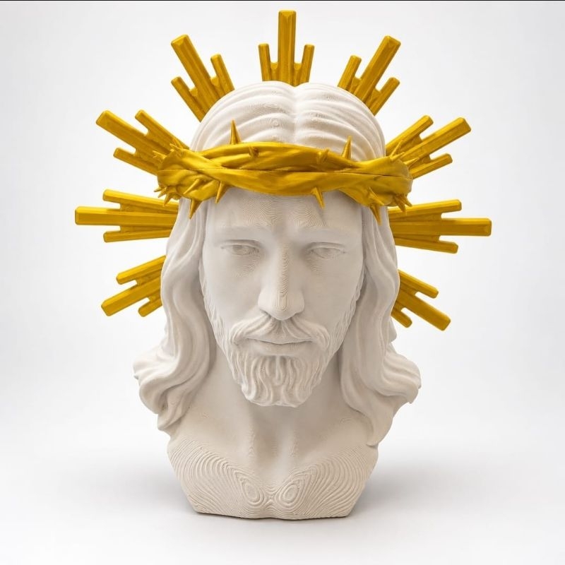 BUSTO JESUS CRISTO COROA DE ESPINHOS DOURADA IMAGEM RELIGIOSA DECORAÇÃO 18CM IMPRESSÃO 3D