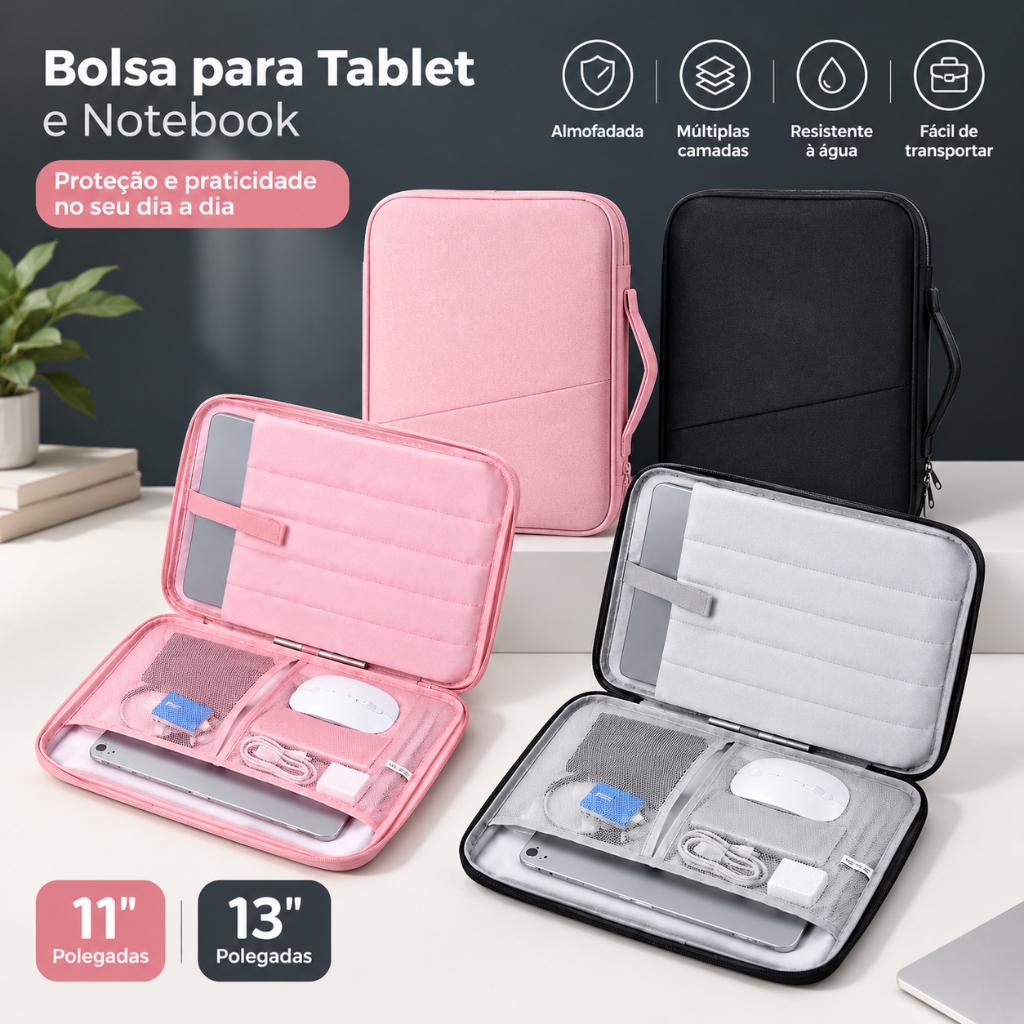 Bolsa Para Tablet e Notebook 11/13 Polegadas Impermeável Multicamadas Acolchoada Estojo Protetor para iPad e Laptop