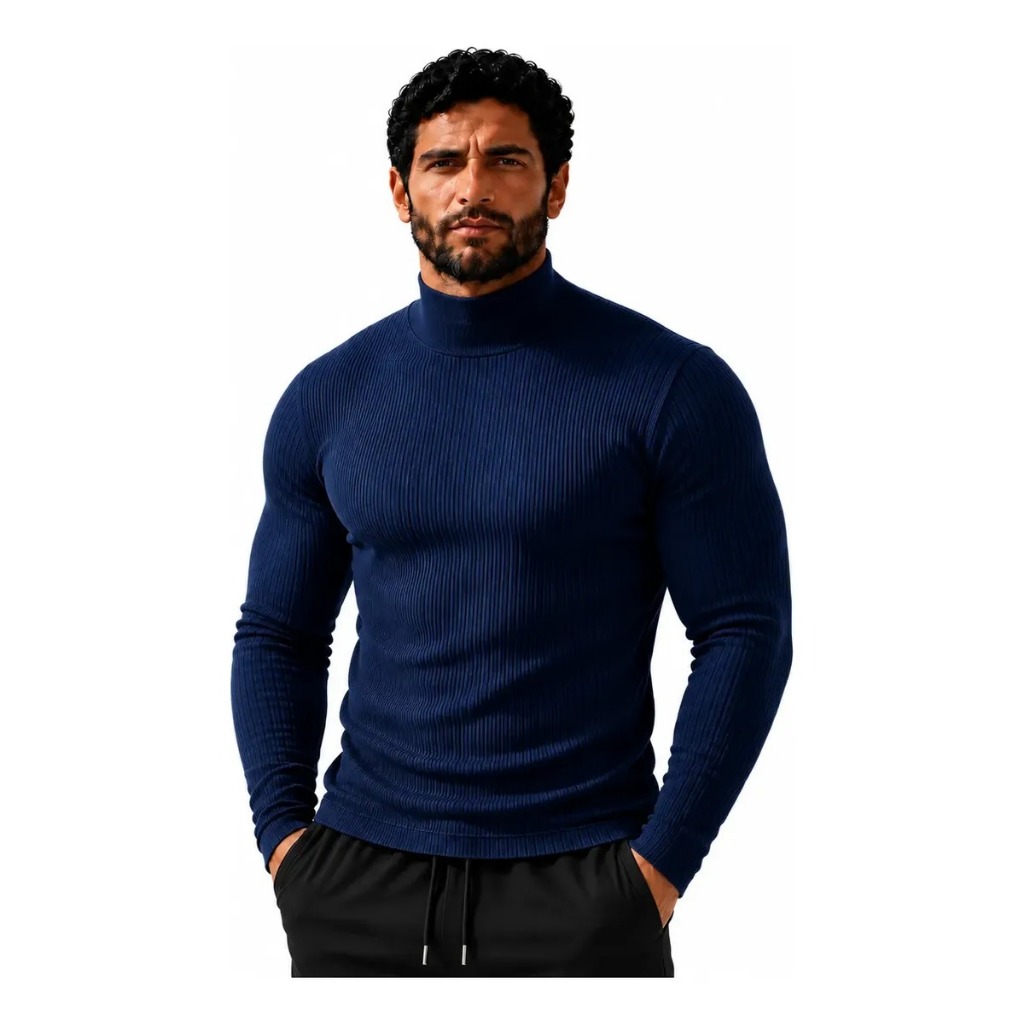 Camiseta Masculina Gola Alta Manga Longa Canelada Slim Fit Estilo Casual