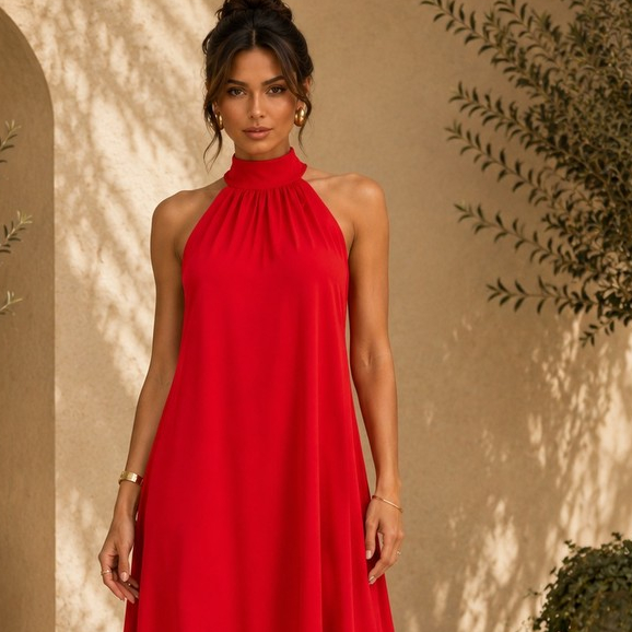 Vestido Longo Feminino em Crepe Duna – Elegante com Gola Alta e Costas Abertas