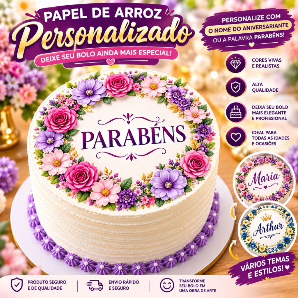 Papéis de Arroz parabens Tam.A4 100% Comestíveis com flores personalizado com nome- Jady Confeitos