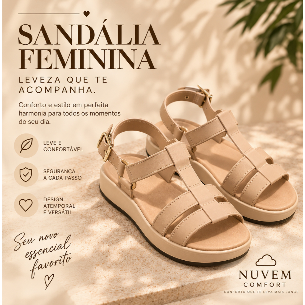 Sandália Feminina Casual Confortável Antiderrapante Ajustável Anatômica para Trabalho Dia a Dia - Nuvem Comfort