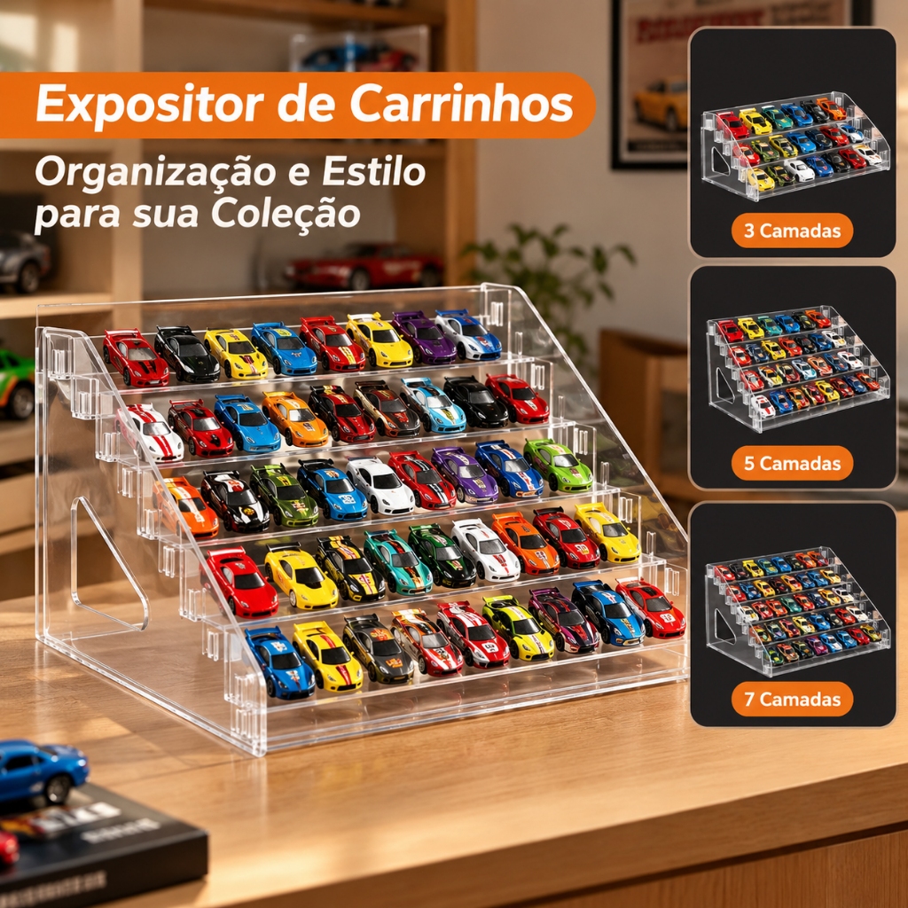 Organizador Expositor para Carros em Miniatura 3/5/7 Camadas em Acrílico Transparente – Porta Carrinhos Colecionáveis