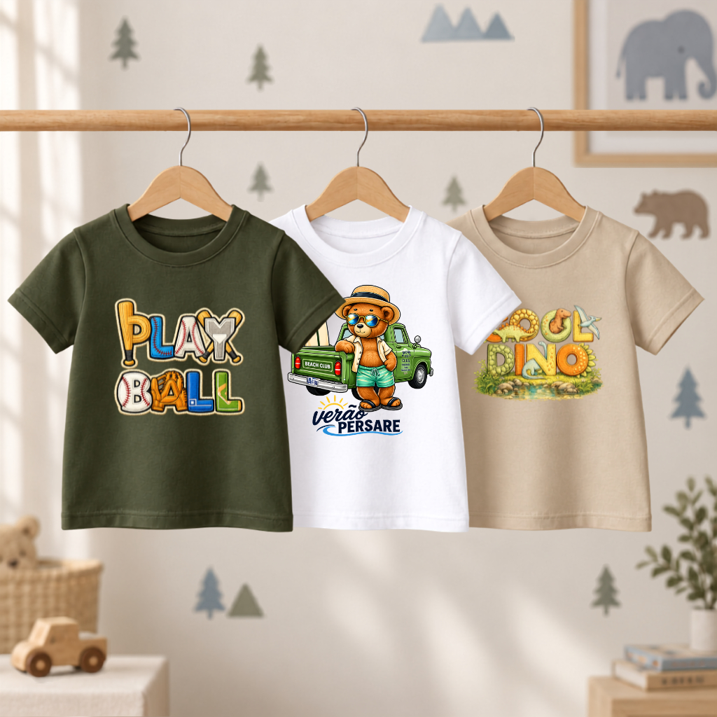 Kit 3 Camiseta Básica Infantil Menino Estampadas Dinossauro Urso E Esportiva Modinha Blusa 100% Algodão Lançamento