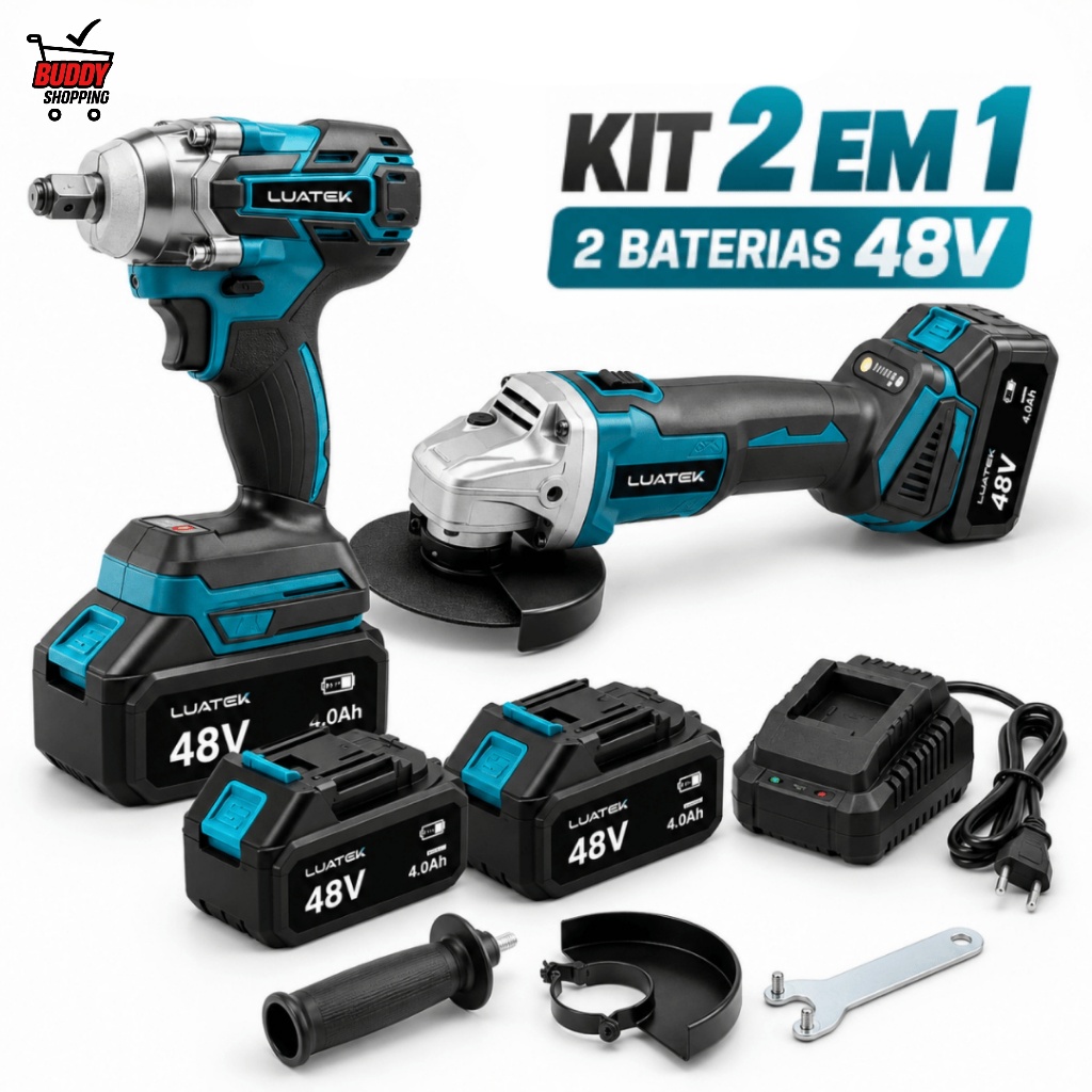 Kit 2 em 1 LUATEK LWJ-296 Chave de Impacto 380Nm Esmerilhadeira 800W 48V com Maleta