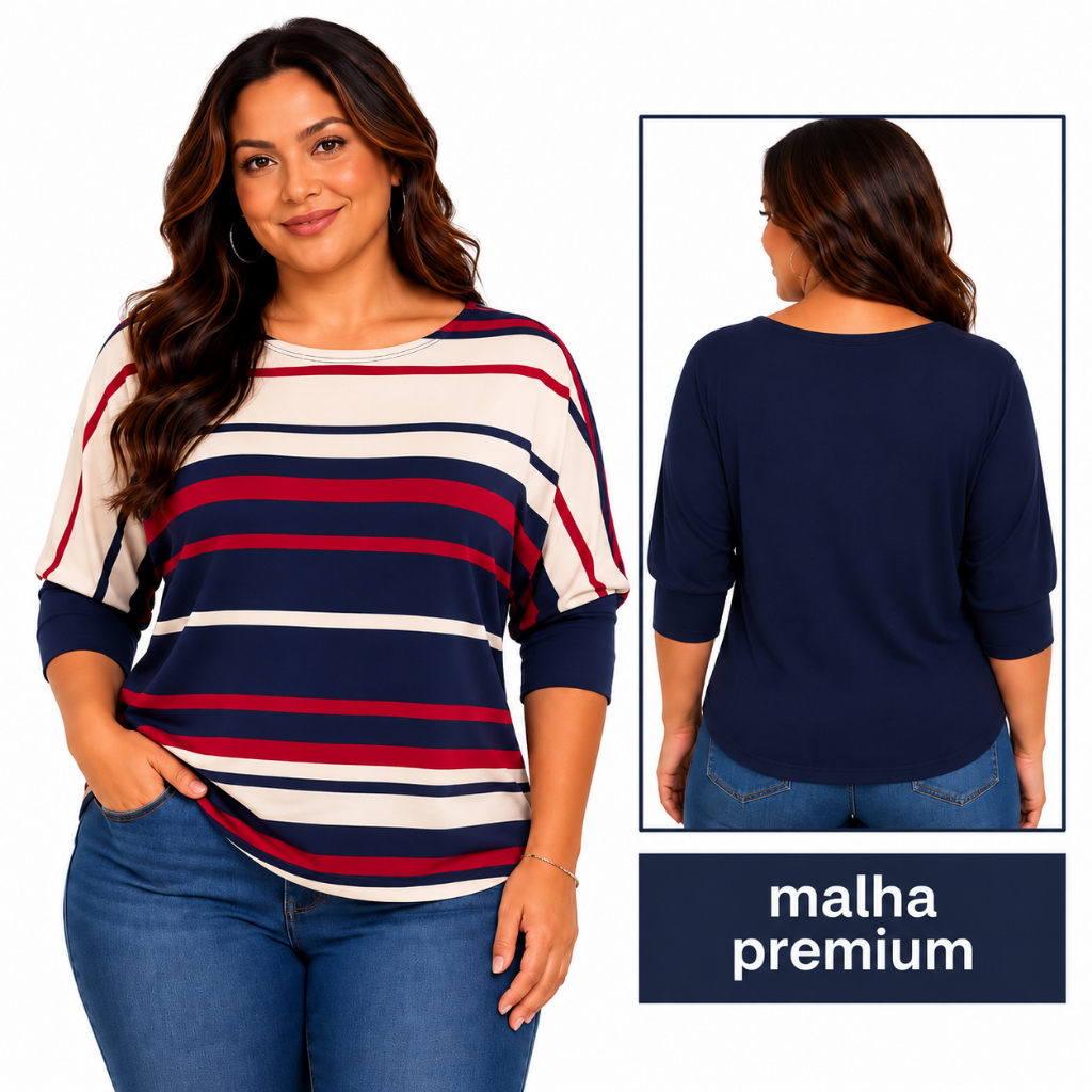 Blusa Feminina Marsala Elegante Manga 3/4 Malha Premium com Elastano Plus Size