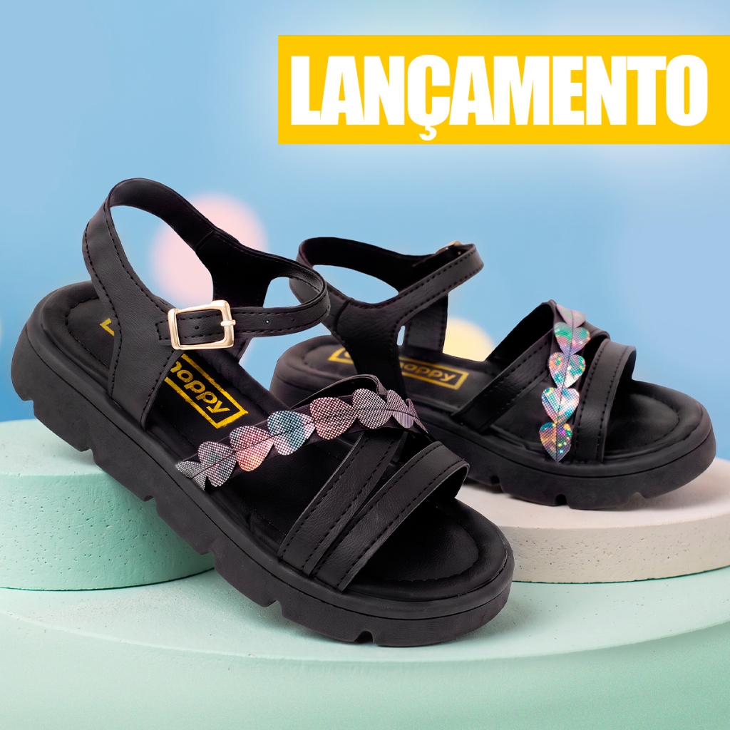 Sandalia Preta Infantil Menina Feminina Club Happy