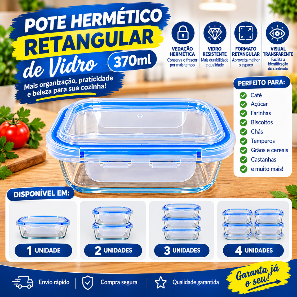 Kit Organizador de Cozinha Pote Hermético 370ml Retangular Vidro Transparente com Tampa Silicone Vedação Conservação