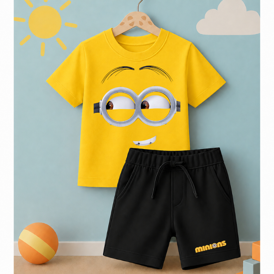 Conjunto Infantil Camiseta e Short Moletinho Meninos Minions Desenho Malvado Favorito Personagens Estampado