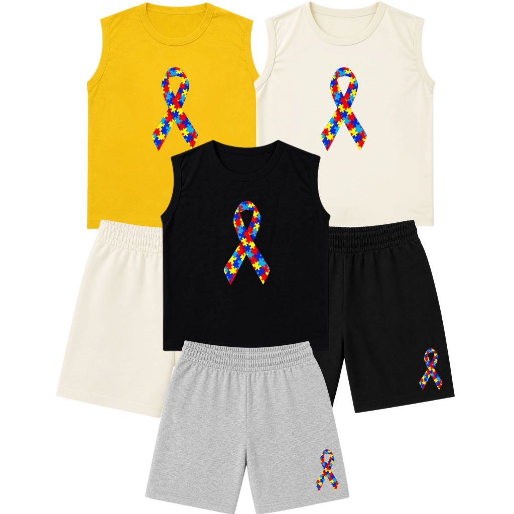 Kit 3 Conjunto Infantil Autismo Sortido Masculino Regata + Bermuda Confortável Dia a Dia e Passeios