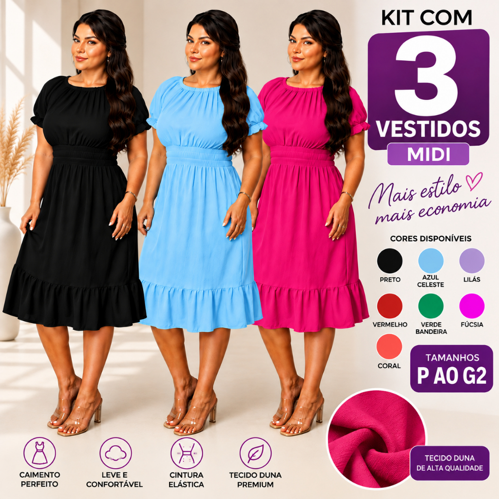 Kit 3 Vestido Midi Feminino Elegante Tecido Duna Cintura Elástica M ao G2 Moda Evangélica