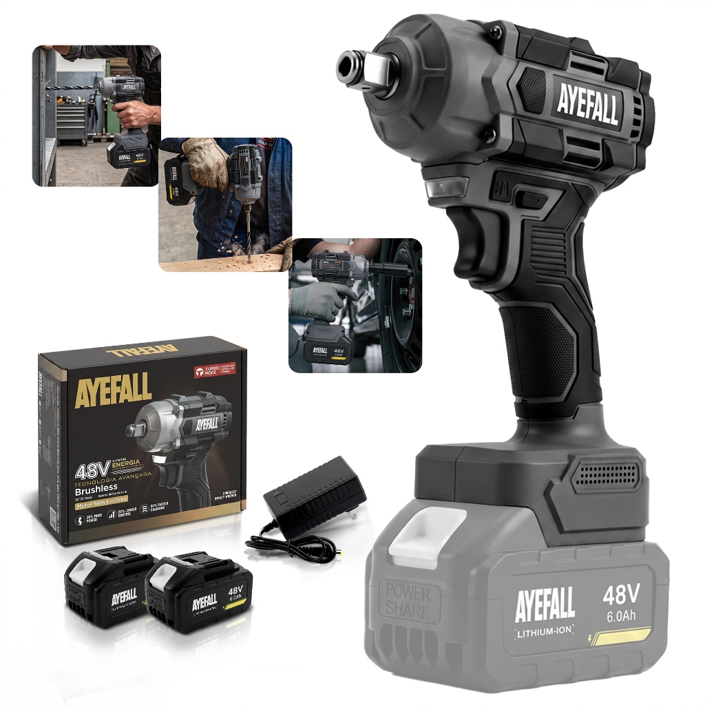 Chave de Impacto Sem Escovas Ayefall 500Nm 48V Sem Fio 1/2 Pol Kit Com 2 Baterias Para Mecânica e Indústria