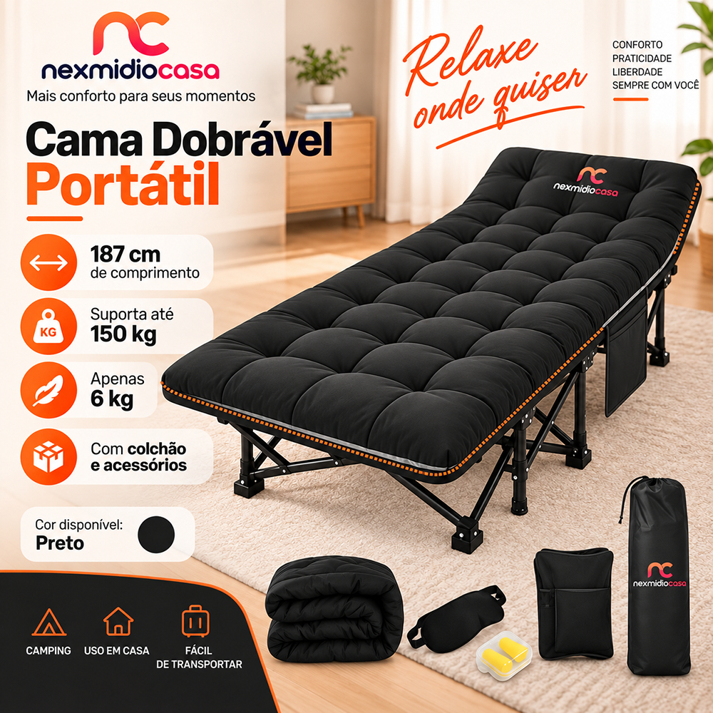 Cama Dobrável Portátil Camping Espreguiçadeira com Colchão 187cm 150kg Oxford 1200D Bolsa e Acessórios