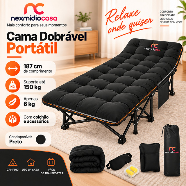 Cama Dobrável Portátil Camping Espreguiçadeira com Colchão 187cm 150kg Oxford 1200D Bolsa e Acessórios