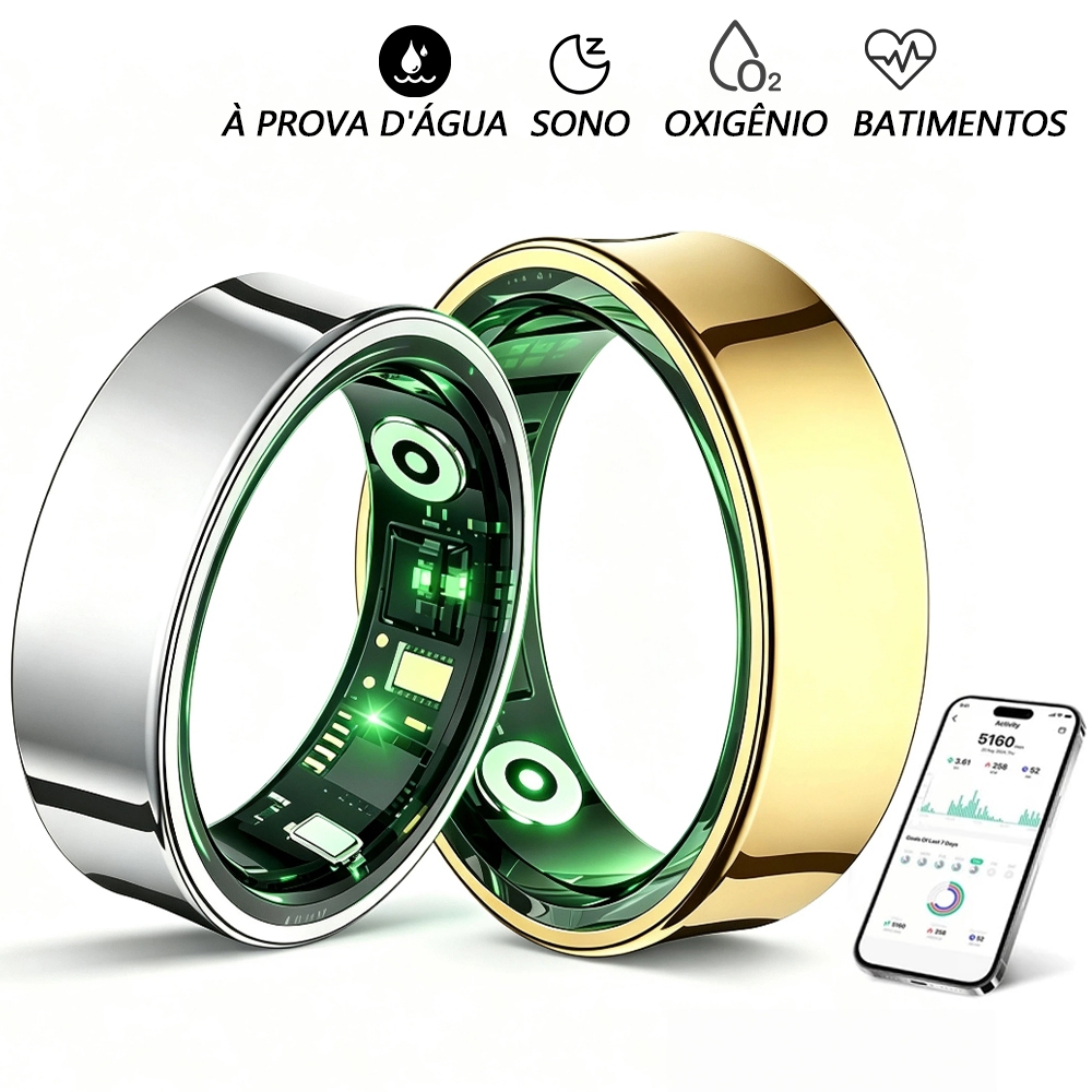 Anel Inteligente Unissex 2026 Smart Ring, Monitor Saúde: Batimento, Oxigênio, Sono, 5ATM Resistente à Água