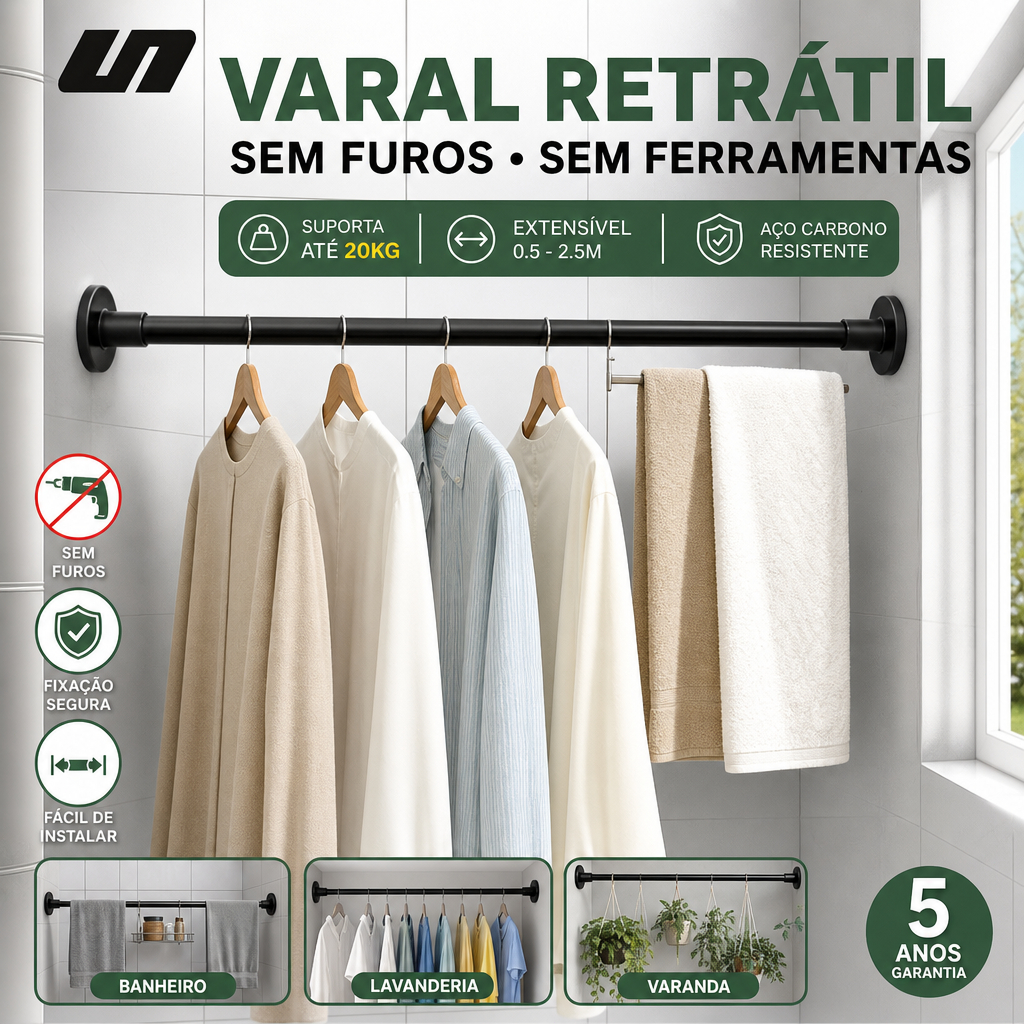 Varão Telescópico Clássico Metal Sem Furos Mola Embutida Suporte Gravidade Cortina Chuveiro Varal