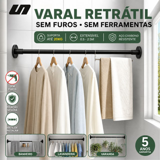 Varão Telescópico Clássico Metal Sem Furos Mola Embutida Suporte Gravidade Cortina Chuveiro Varal