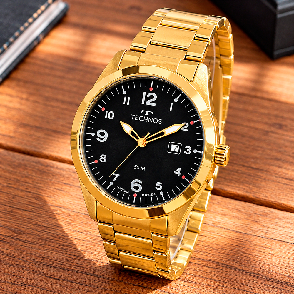 Relógio Technos Masculino Dourado Preto Original 1 Ano de Garantia · foto 2