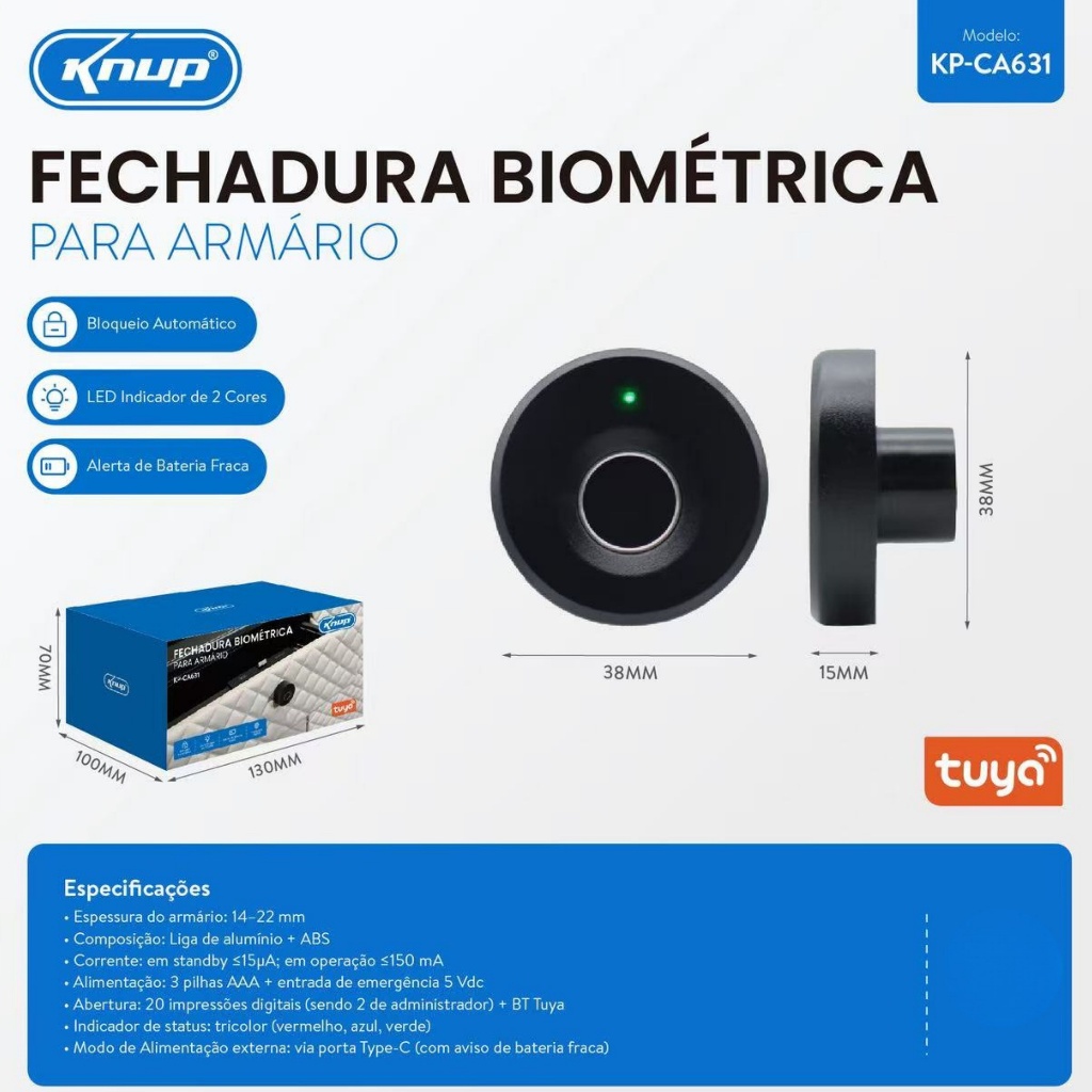Fechadura Biométrica para Gaveta e Armário com Bluetooth, LED Tricolor e Bloqueio Automático