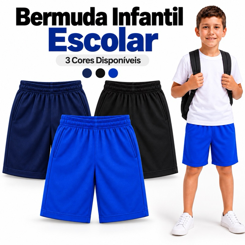 Kit Bermuda Tactel Infantil Menino Escolar Uniforme Juvenil Azul Royal Marinho Preta Unidade ou Kit