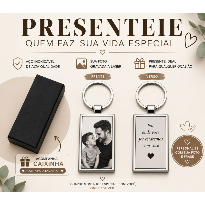 Chaveiro Personalizado com Foto Gravada a Laser em Aço Inox Presente Dia dos Pais Mães Namorados ENVIO RAPIDO