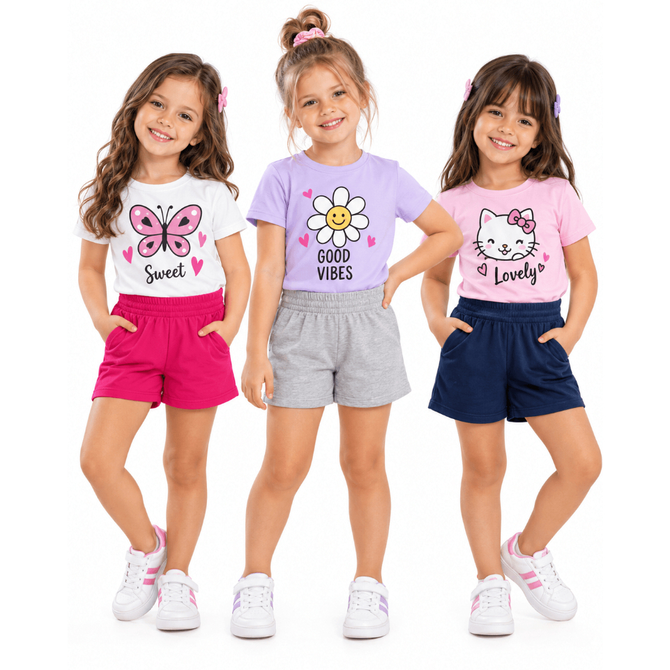 Kit Sortido 12 Peças Feminino Verão 6 Conjuntos Infantil Menina Blusas + Shorts Infantil 100% Algodão 1 ao 8 Anos