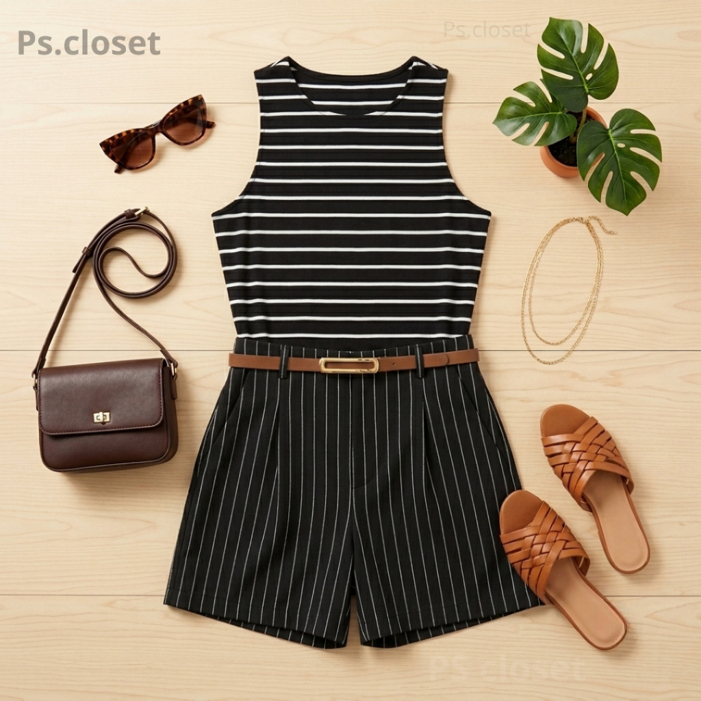Conjunto Feminino Listrado - Cropped Suplex Canelado + Short Preto Alfaiataria com Cinto Elegante Moda Blogueira Verão