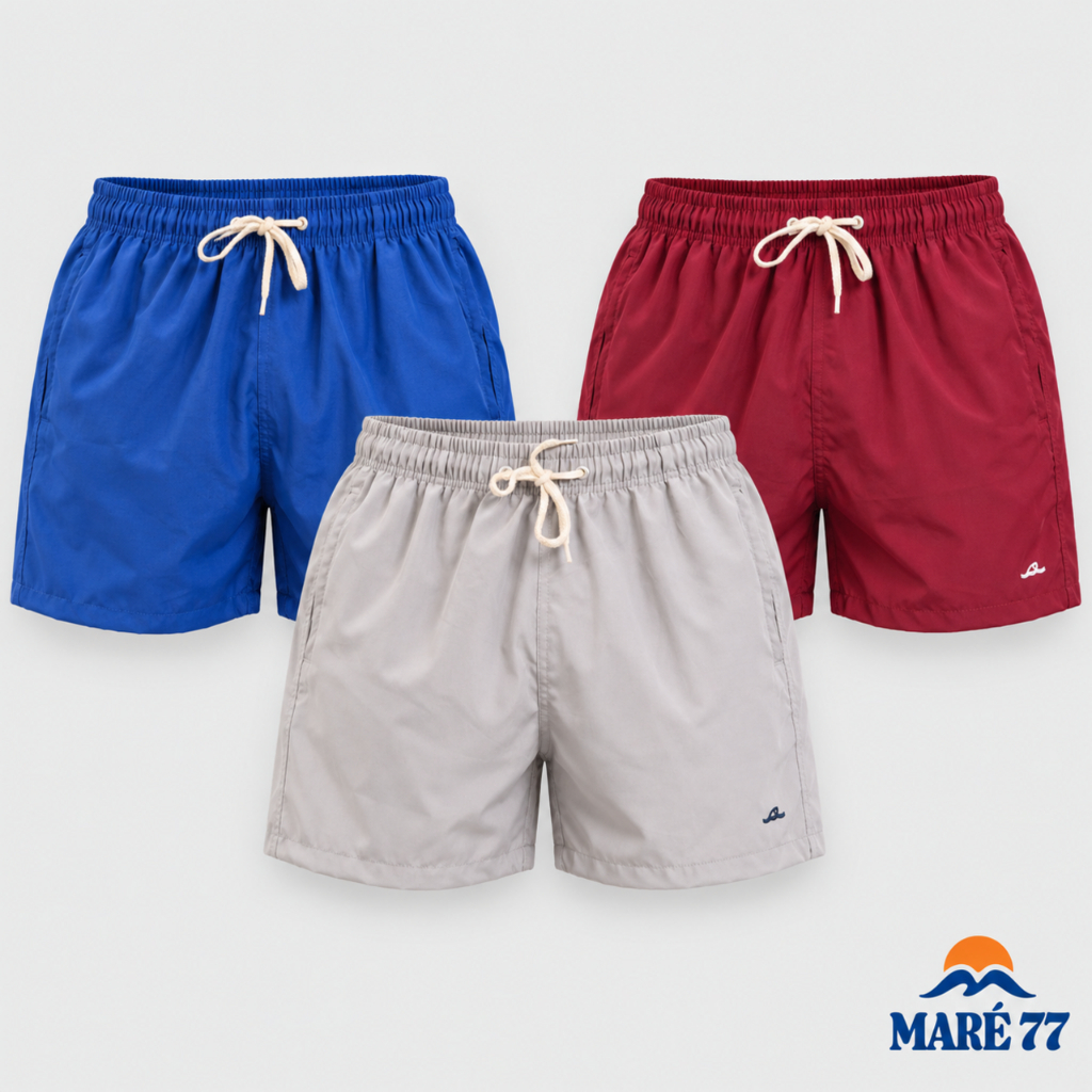 Kit 3 Short Masculino Tactel com Elastano Bermuda Esportiva Academia Treino Bolsos Cordão Cru Bordado Cós Elástico Liso