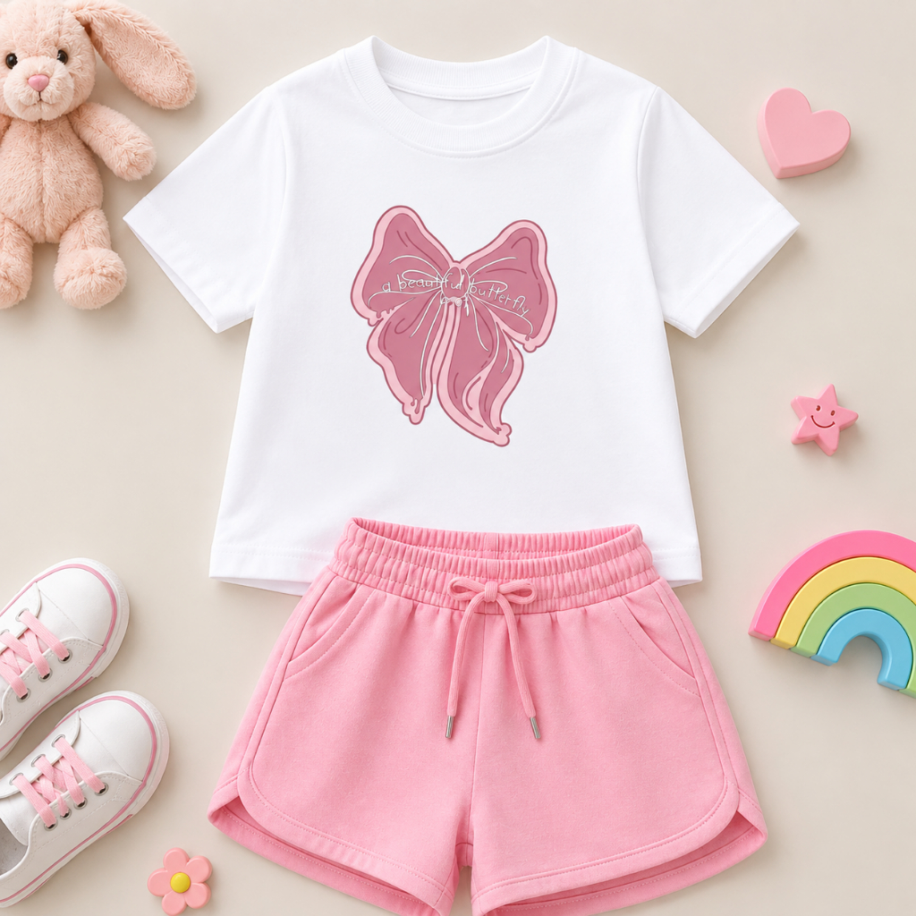 Conjunto Infantil Feminino Camiseta e Short Moletinho Laço Rosa Menina Verão Casual Confortável Roupa Infantil 2 ao 16