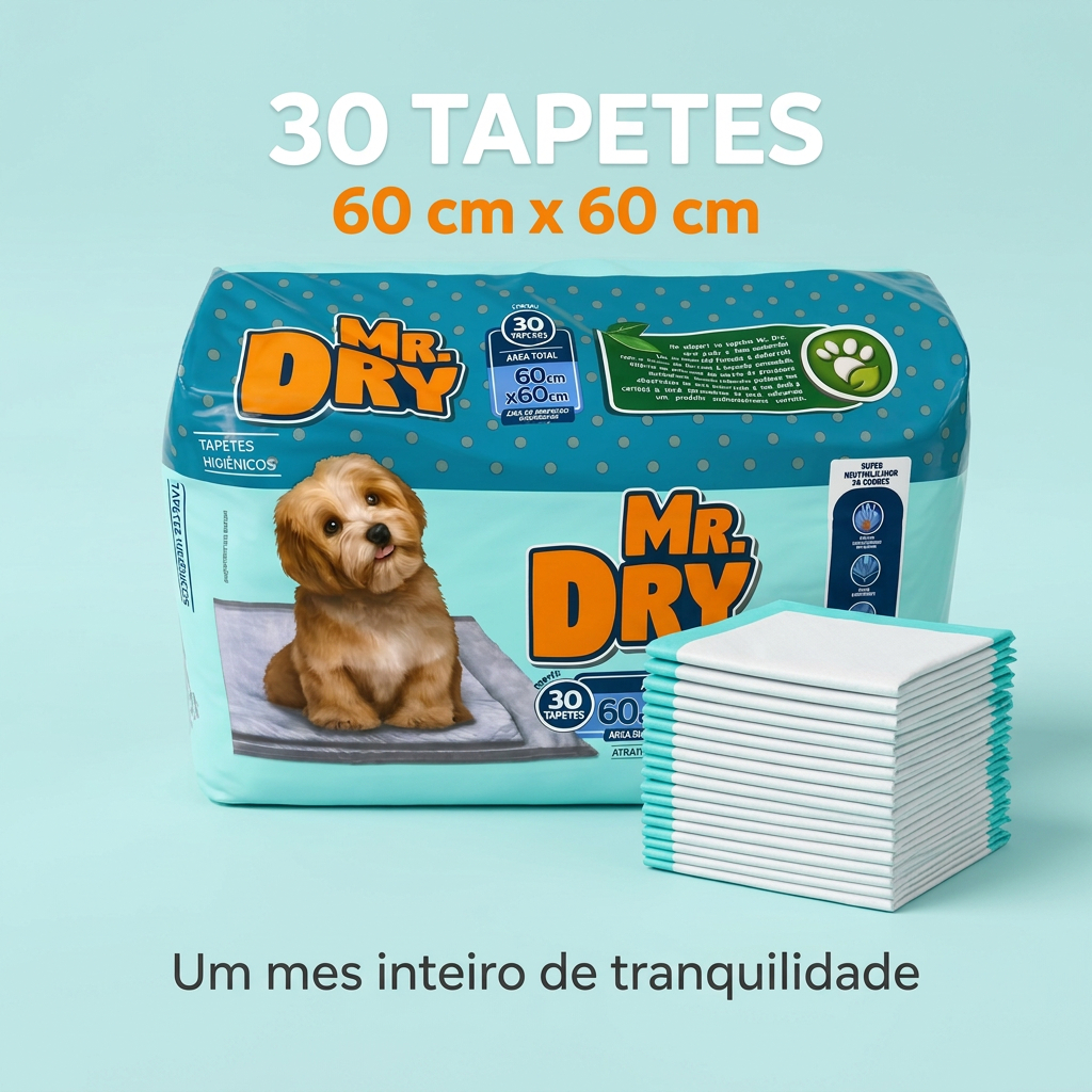 Tapete Higiênico Cães Mr Dry 60x60 Pacote 30 Unidades Gel Super Absorvente Com Fitas Controla Odor Filhotes e Adultos