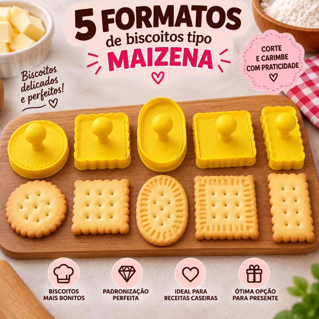 Kit 5 Cortadores de Biscoito Maizena com Carimbo e Puxador para Decorar Confeitaria