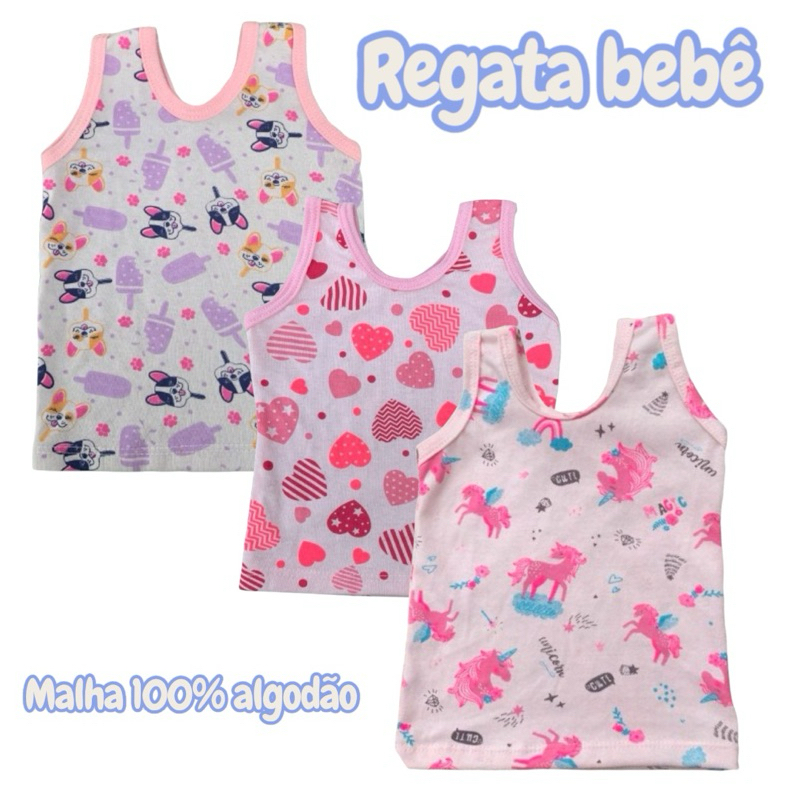 Kit 5 Camisetas Regatas Infantil e Bebê para Menino e Menina Estampadas de Algodão Para Calor De Verão Confortável