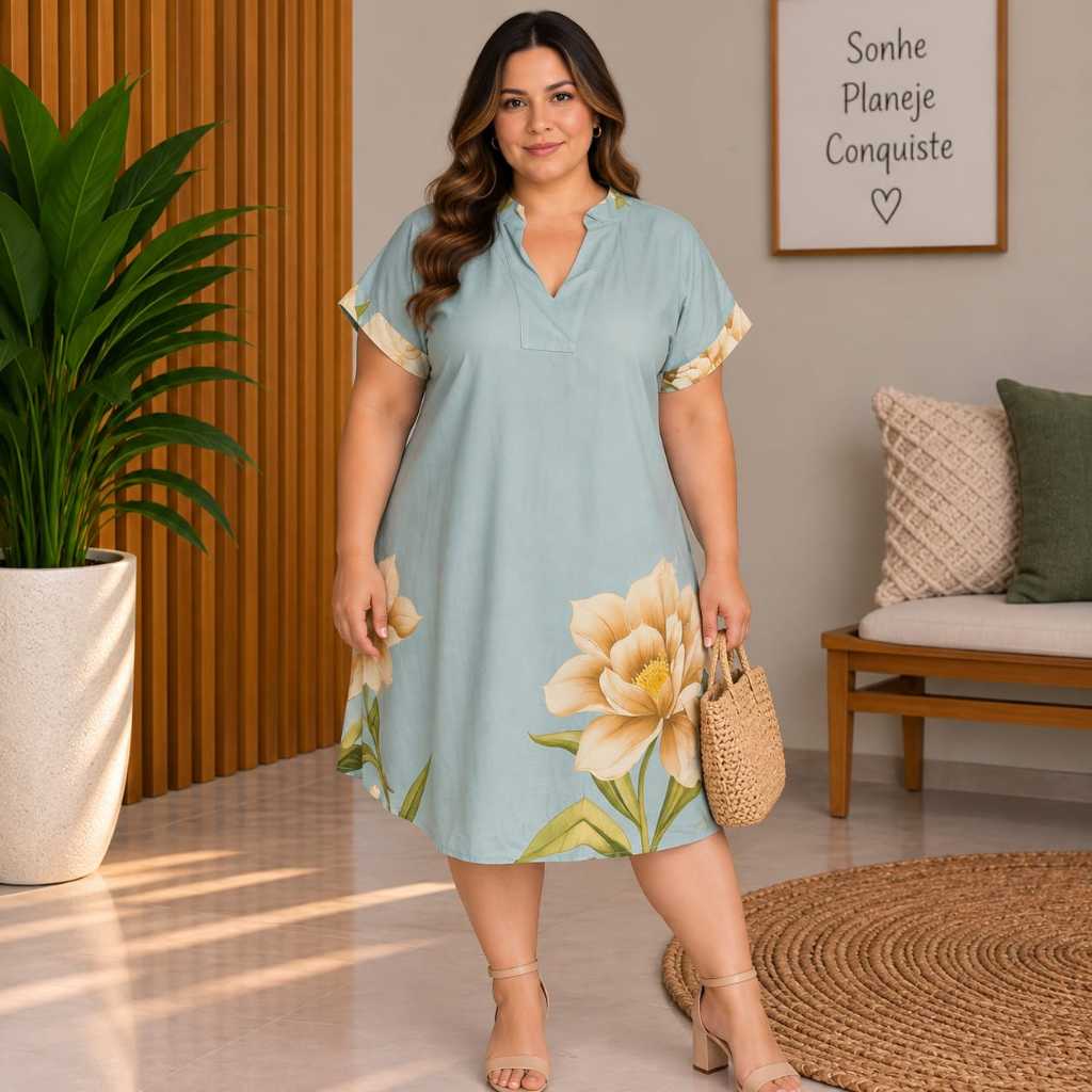 Vestido chemise Plus Size Viscolinho Estampado  /  Leve e Confortável Elegante  GG ao G2