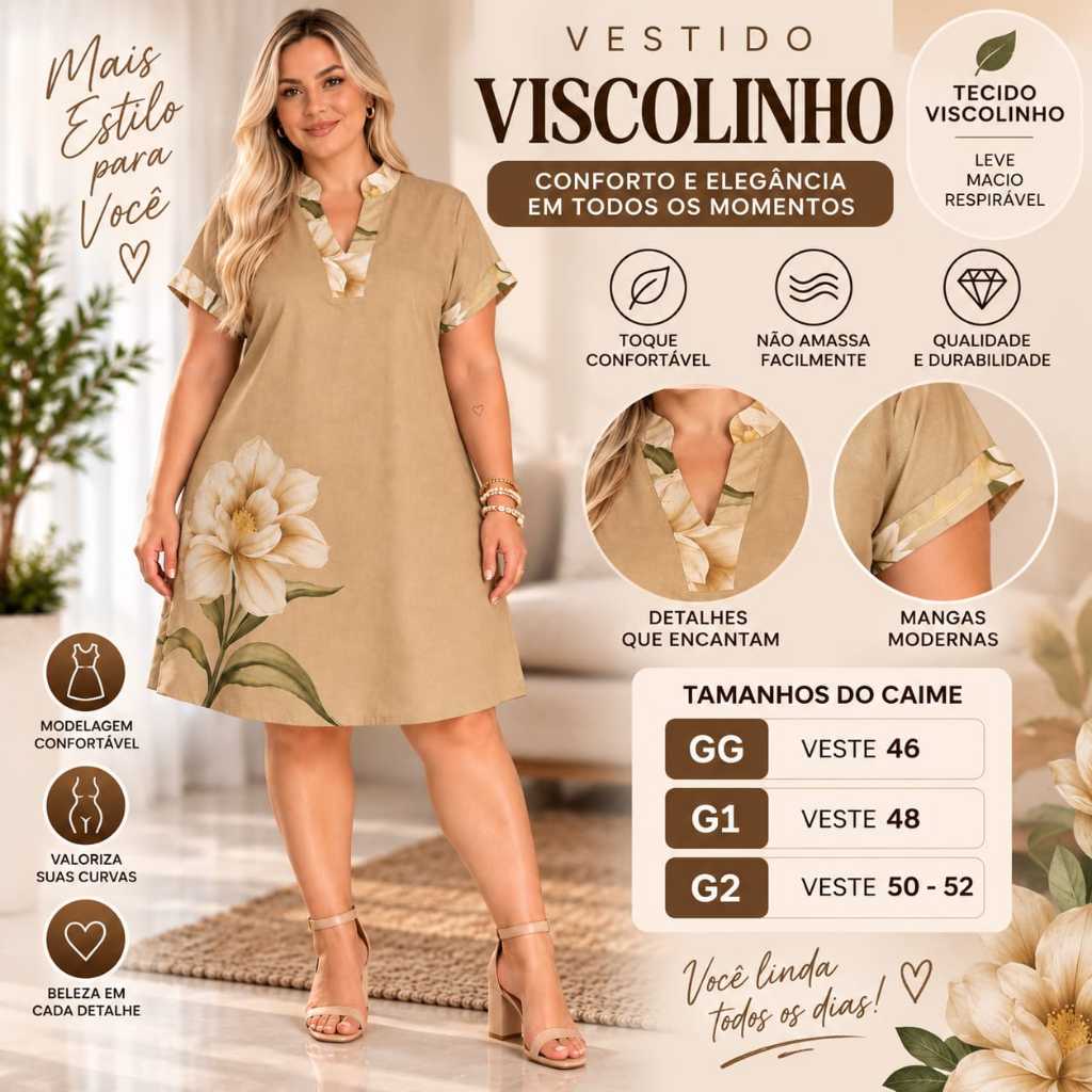 Vestido Feminino Plus Size  Estampado Soltinho Elegante Confortável Leve Macio em Viscolinho