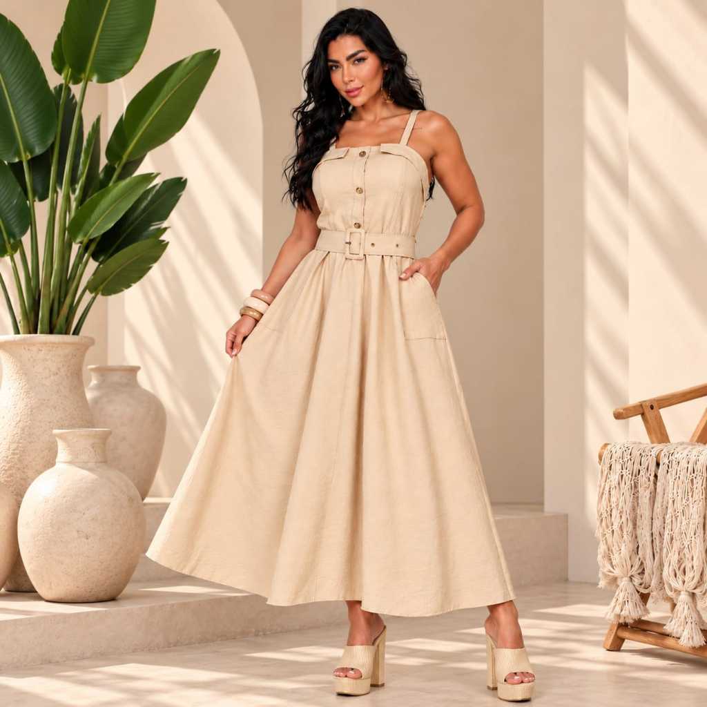 Vestido Feminino Midi Com Cinto Ajustável, Cintura Marcada e Caimento Soltinho Ideal para Looks Modernos e Confortáveis