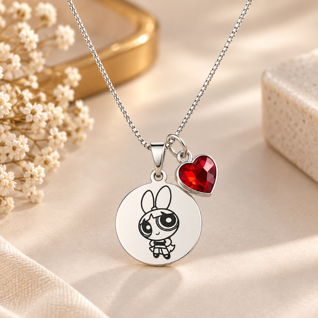 Colar Meninas Superpoderosas Banhado a Prata 925 + Pingente Coração Cristal - Corrente Veneziana Antialérgica Personagem