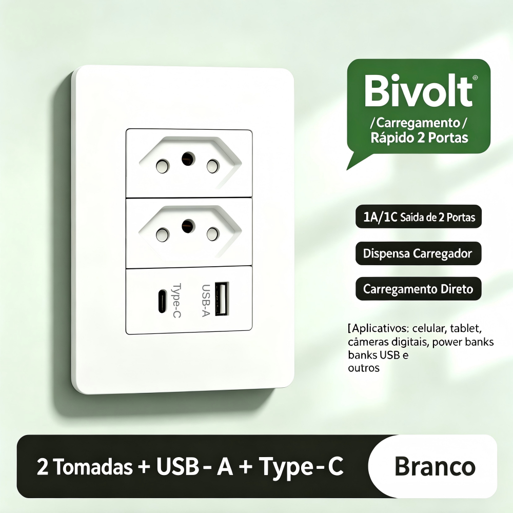 Eletromex Tomada de Parede Dupla 1/2/3 Entradas USB e Tipo C Bivolt 5V 4em1 Carregamento Rápido Multi Carregador